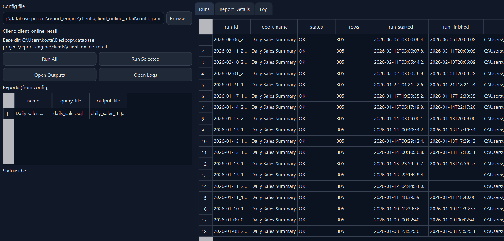 Report Automation Engine run history screen