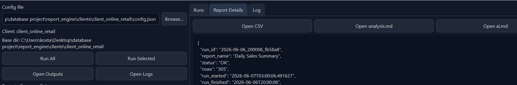 Report Automation Engine report output and AI summary screen